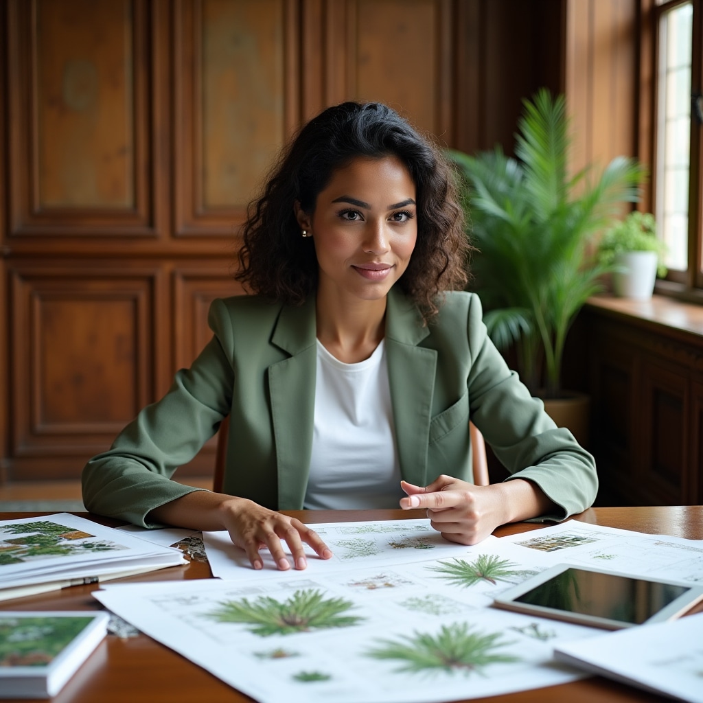 Landscape designer working on garden plans with plant samples